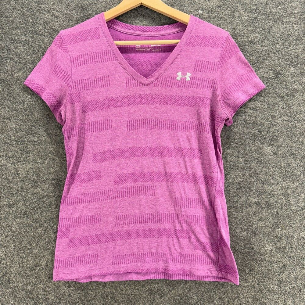 Under Armour T-Shirt Women S Small Purple Striped Short Sleeve V-Neck Casual